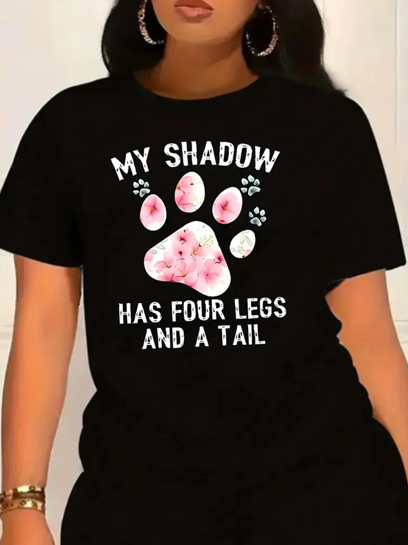 

Ladies casual summer T-shirt My Shadow Has Four Legs and One Tail floral print design black short sleeved top
