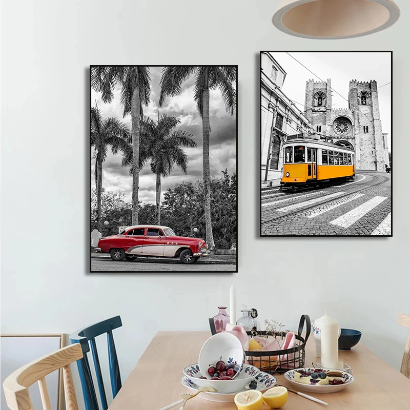 الأصفر تاكسي مدينة نيويورك لشبونة ريترو الترام البرتغال الكلاسيكية سيارة المشارك أبيض وأسود قماش اللوحة طباعة جدار غرفة المعيشة ديكور المنزل