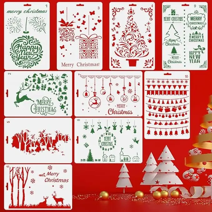 

10Pcs Christmas Stencils Template Journal Stencil Plastic Stencils Children Stencil Drawing Set For DIY Card Wall Art