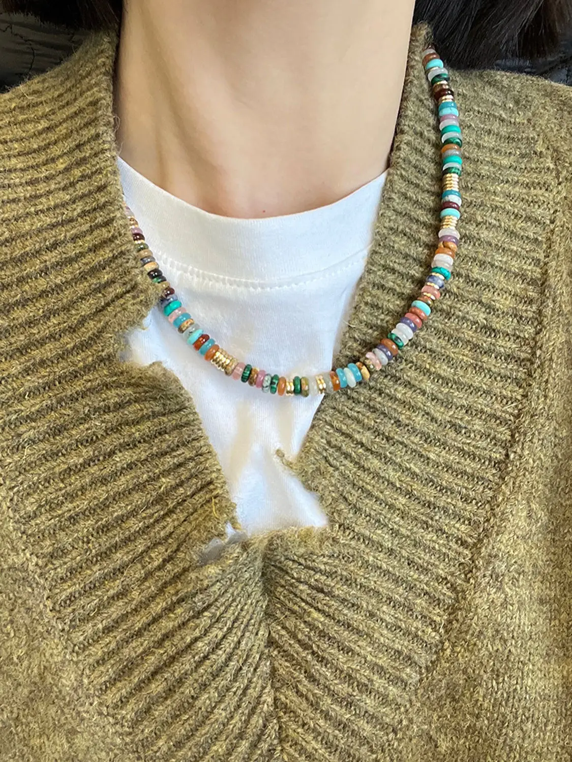 Dopamine Eu&USA high-end style non fading colored Beads natural stone necklace original niche beaded collarbone necklace