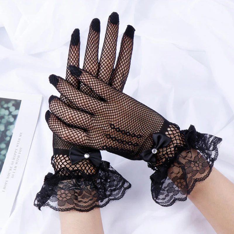 Women\'s Uv-proof Driving Gloves Rhinestone Bow Lace Design Sheer Fishnet Full Finger Mittens Mesh Fishnet Gloves 1 Pair