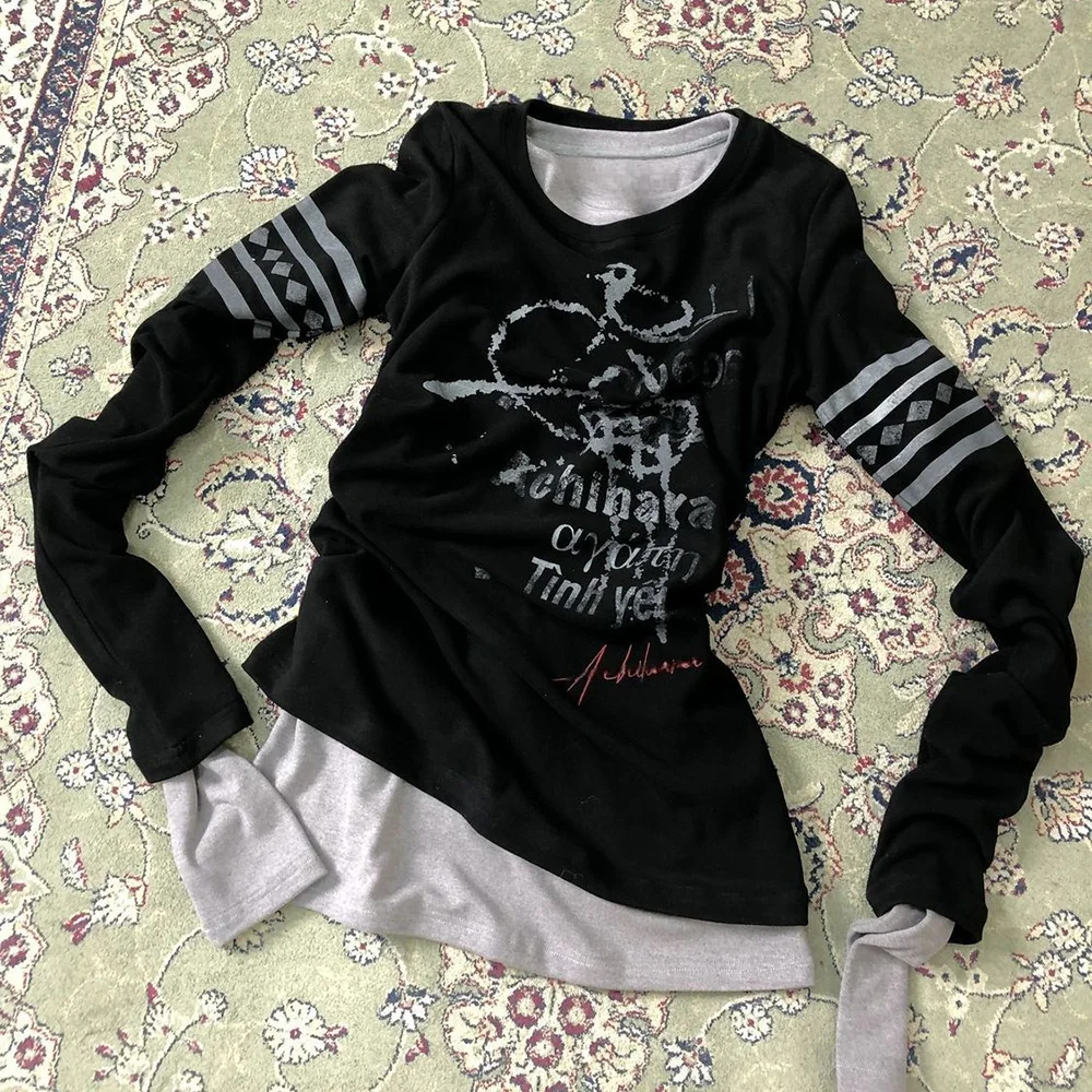 

Y2k Vintage Fake Two Pieces Grunge Harajuku T-shirt Letter Graphics Print Long Sleeve Tops Streetwear Casual Slim Women Clothing