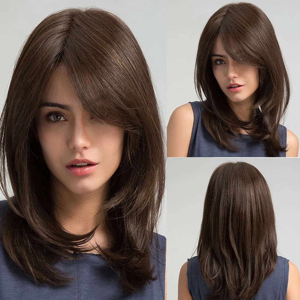 Shoulder Length Synthetic Dark Brown Wig Long Straight Wigs for Women Hair Wig With Bangs Heat Resistant Party Daily Natural Use