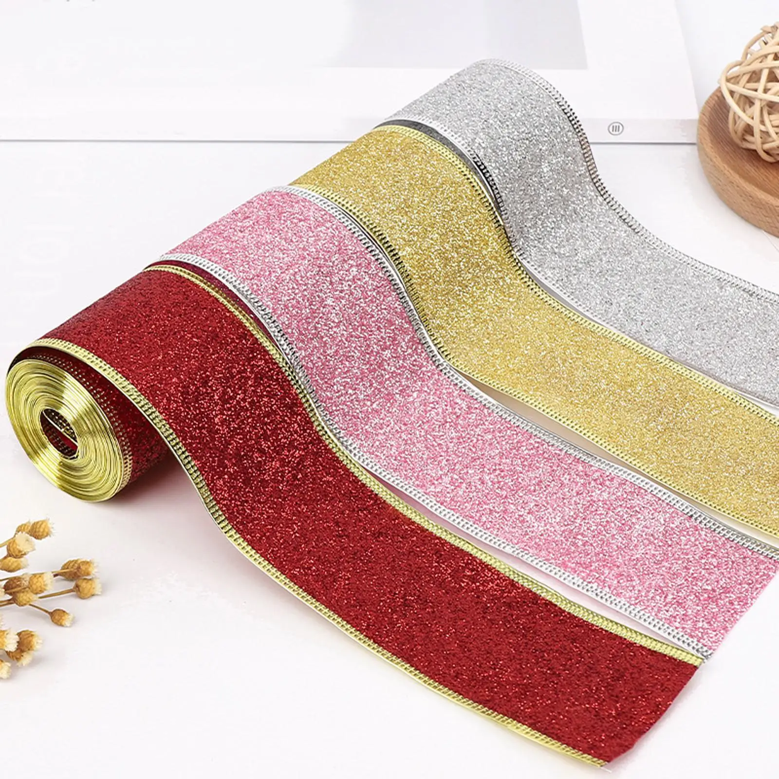 Wired Christmas Ribbon Roll 2 Inch Width 90 Yards Polyester Glitter Decorative Ribbon for Holiday Wreaths Gifts and Party Decor