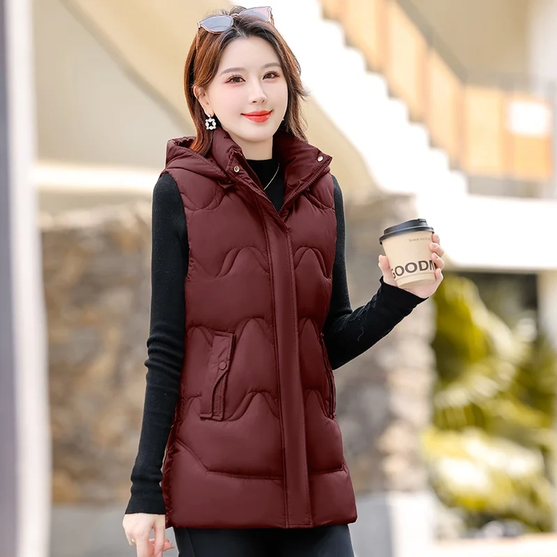 

Женский утепленный пуховый жилет со съемным капюшоном, большой размер, свободный крой, из прочного полиэфирного волокна, для повседневной носки, осень-зима