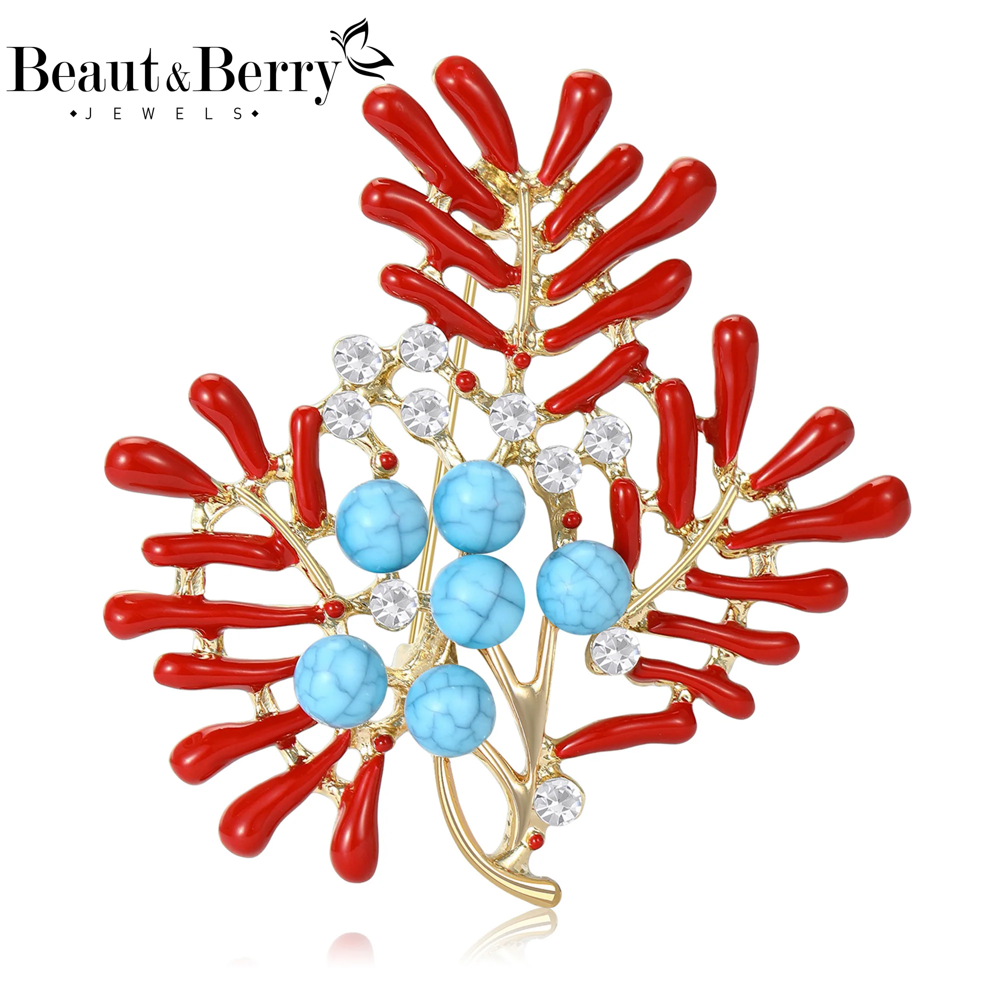

Beaut&Berry Trendy Rhinestones Coral Brooches for Women Unisex Plant Pins Casual Party Jewelry Accessories Gift Decoration