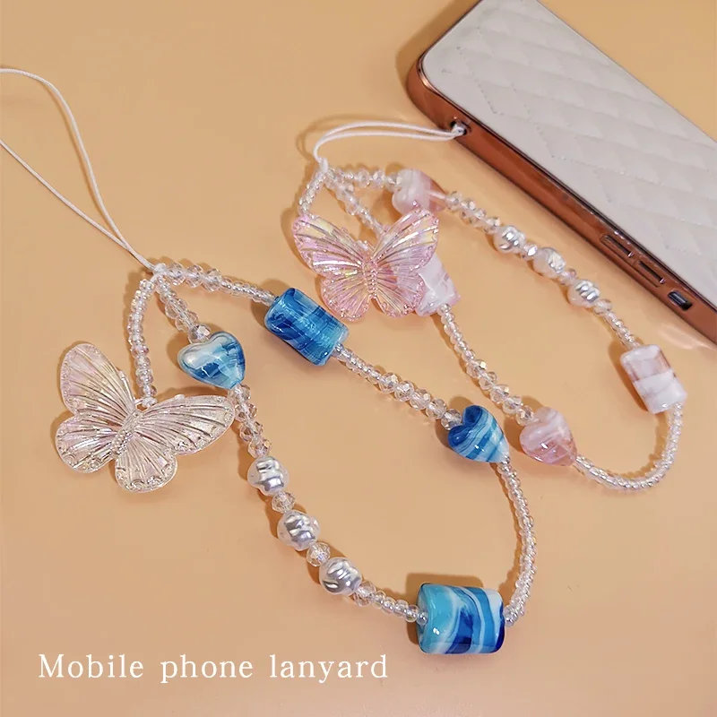 Mobile Lanyard Short Portable Crystal Chain Pendant IPhone14 Pro Hand-beaded Hand-carried Butterfly Love Candy Pendant  Landyard