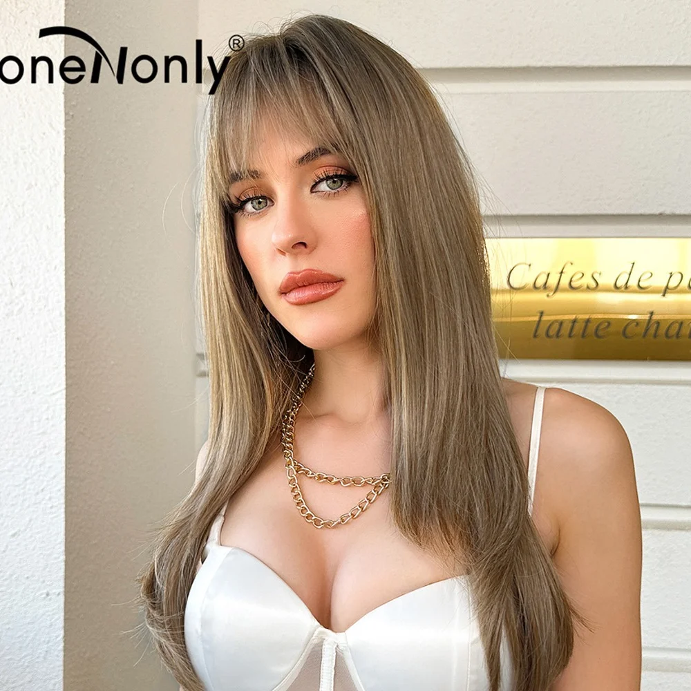 

Light Brown Long Straight Hair Wigs Long Layers Bangs Wigs Synthetic Heat Resistant Natural Wigs For Everyday Use With Playing