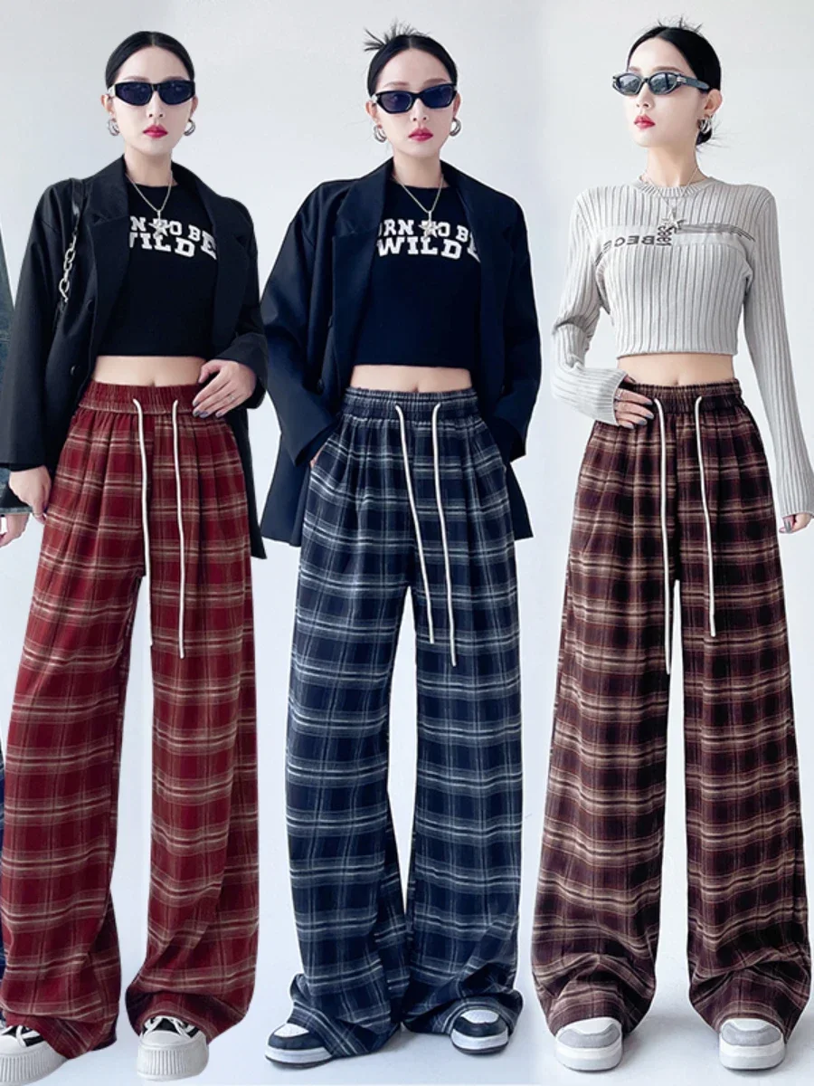 Bornladies  Autumn New Retro Plaid Pants American Loose Casual Wide Leg Trousers Women's Lazy Slimming  Floor Checkered  Pants