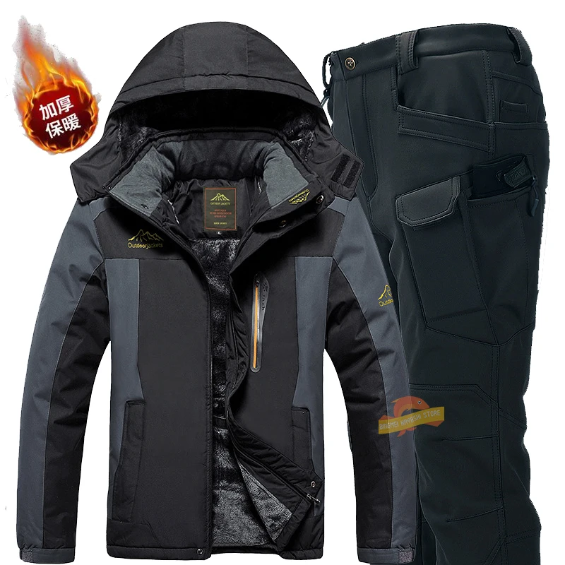 2023 Winter Outdoor Sports Hiking Camping Fishing Suit Cycling Jacket Pants Men Hunting Clothes Waterproof Fleece Thick Warm Set