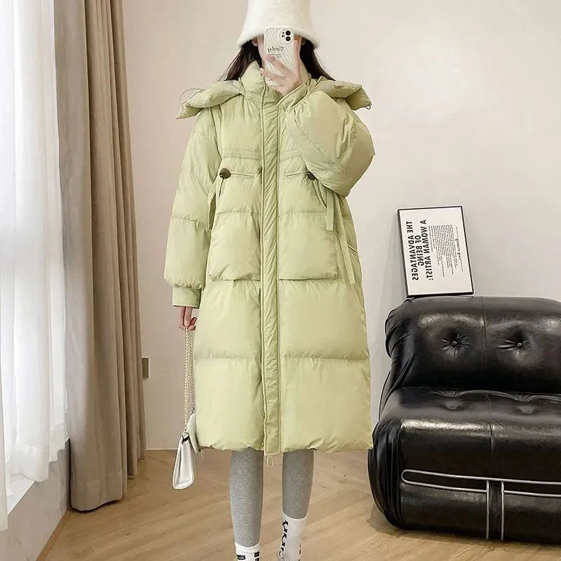 Fashion Medium Long Down Jacket Women 2024 New Winter Over The Knee Long Thick Loose White Duck Down Women's Down Jacket H124