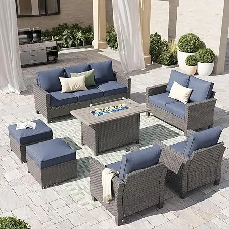 

Outdoor Patio Furniture Wicker Conversation Set with Lift Coffee Table Sectional Dining Set with Loveseat Ottoman, Cushion