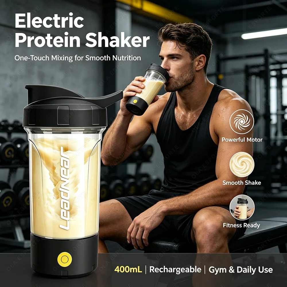 Garrafa misturadora elétrica de 400 ml, portátil, para proteína whey, com misturador automático, copo multifuncional para preparar sumos, ideal para atividades físicas.