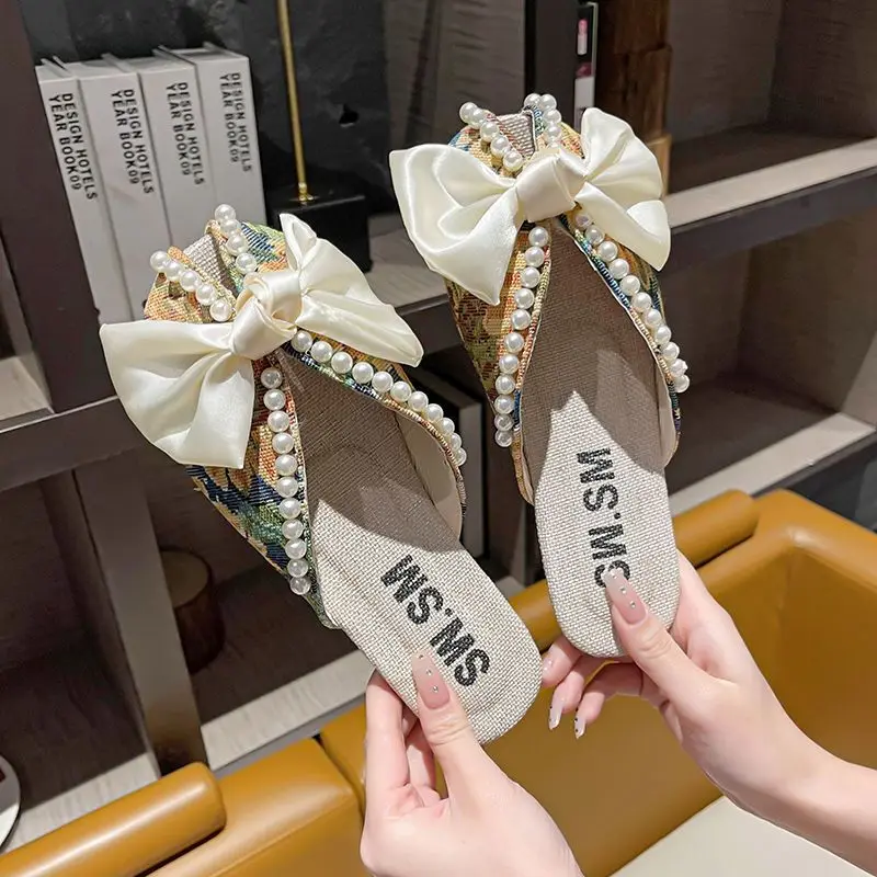 

Floral Beads Summer Women Slippers Girls Sweet Bows Linen Slippers Closed Toe Slip On Mules Shoes Casual Slides Flip Flop