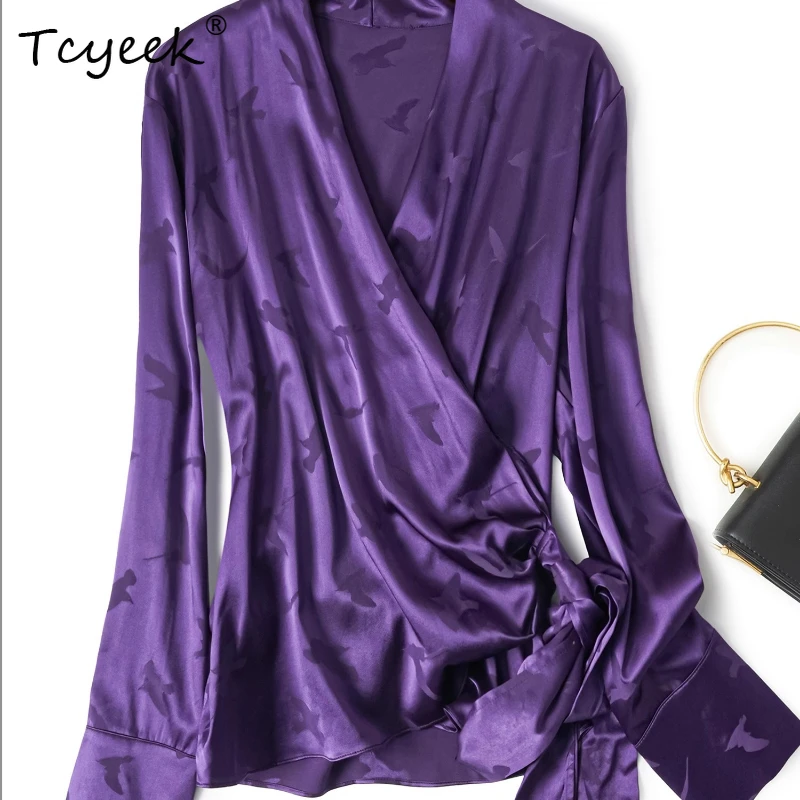

Tcyeek 93% Mulberry Silk 7% Spandex Spring Summer V-neck Tie Loose Purple Long Sleeved Women's Shirts Женская Одежда חולצותנשים