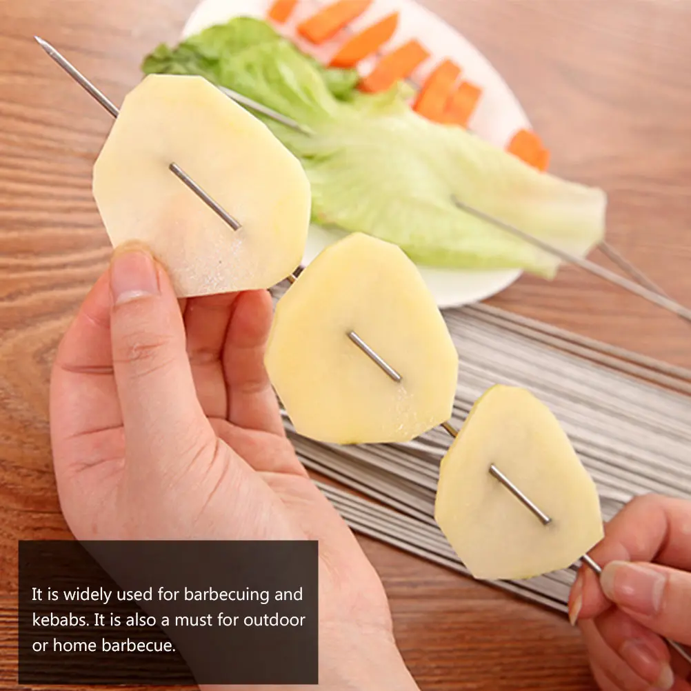 

100pcs Stainless Steel Barbecue Skewers Thick Long Silver Reusable Durable High Temperature Resistant For Outdoor Bbq Picnic