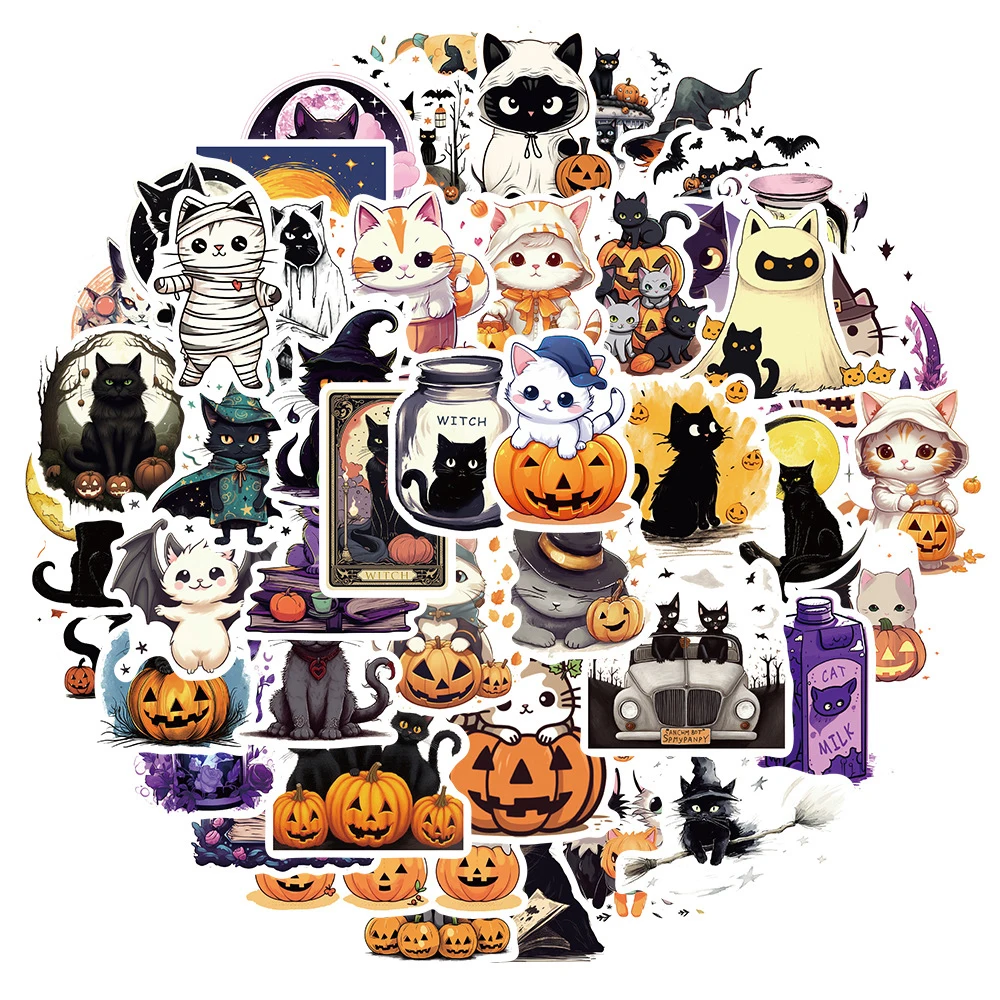 10/30/50pcs Cool Halloween Black Cat Pumpkin Cartoon Stickers Cute Witch Decals Laptop Motorcycle Phone Car Waterproof Sticker