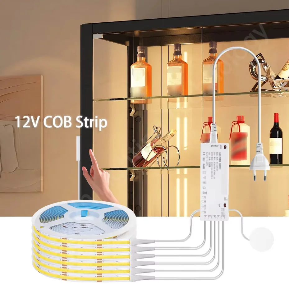 12V COB LED Strip Light 320LEDs/m Dimmable with Penetrable Wood Touch & Motion Sensor for Kitchen/Wardrobe/Showcase/Closet Decor