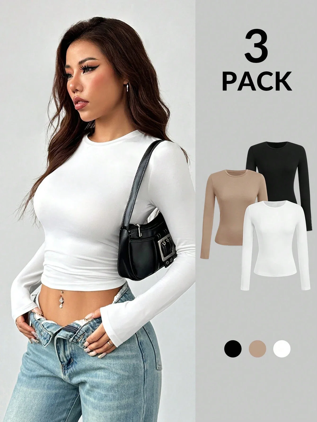 

3 шт., однотонная женская футболка с длинными рукавами приталенного кроя, универсальная основа и топ для похудения