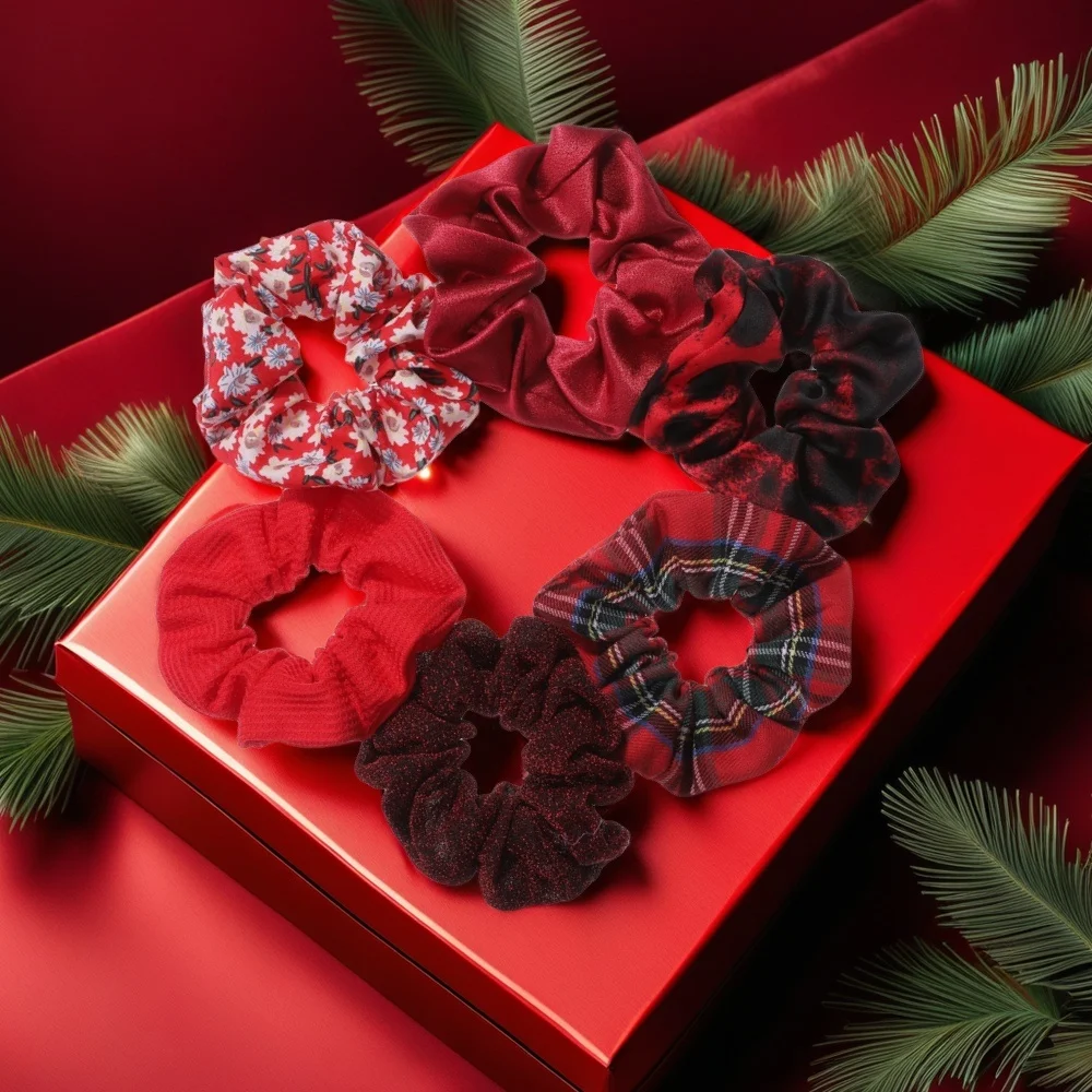6pcs/pack Women Red Hot Scrunchies Elastic Hair Band Solid Print Color Ties Ponytail Holder Accessories Fabric Leopard Gift
