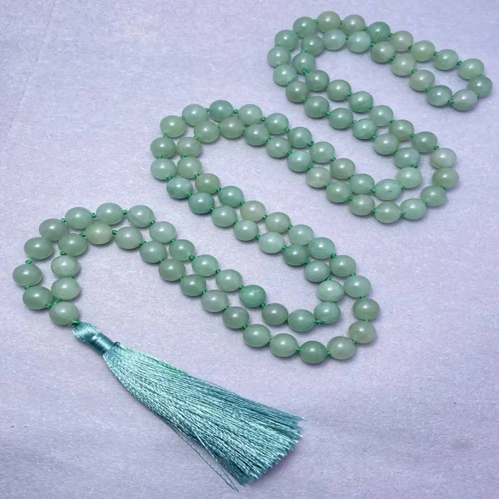 

Natural Green Aventurine 108 Mala Beads Necklace with Teal Tassel Yoga Meditation Healing Crystal Jewelry