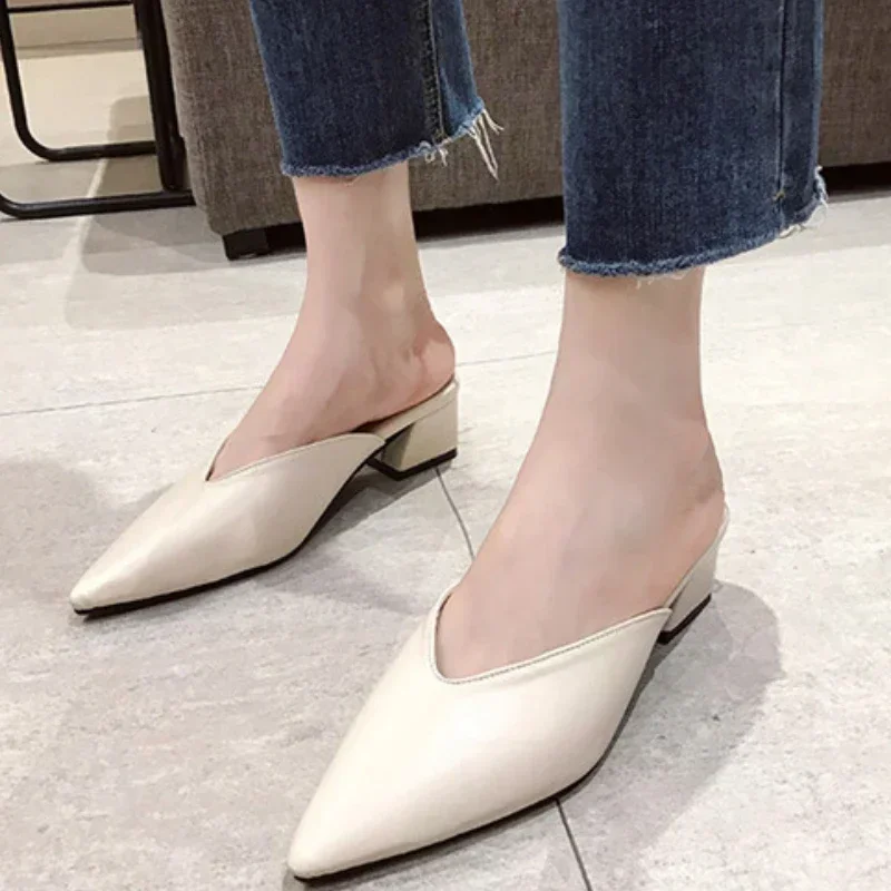 Women High Heels Slippers  Baotou Women Shoes Sexy Pointed Toe Chunky Heels Mules Outdoor Walking Slides Chaussure Femme 2024