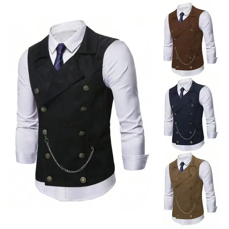 Colete Masculino Transpassado com Corrente, Colete Social Formal, Jaqueta Sem Mangas Multicores para Escritório e Casamento