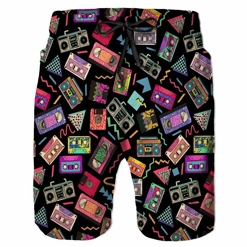 Colorful 80s 90s Graffiti Cartoon 3D Print Beach Shorts Men's Swimsuits Surfing Board Sports Pants Swimwear Trunks Man Clothing
