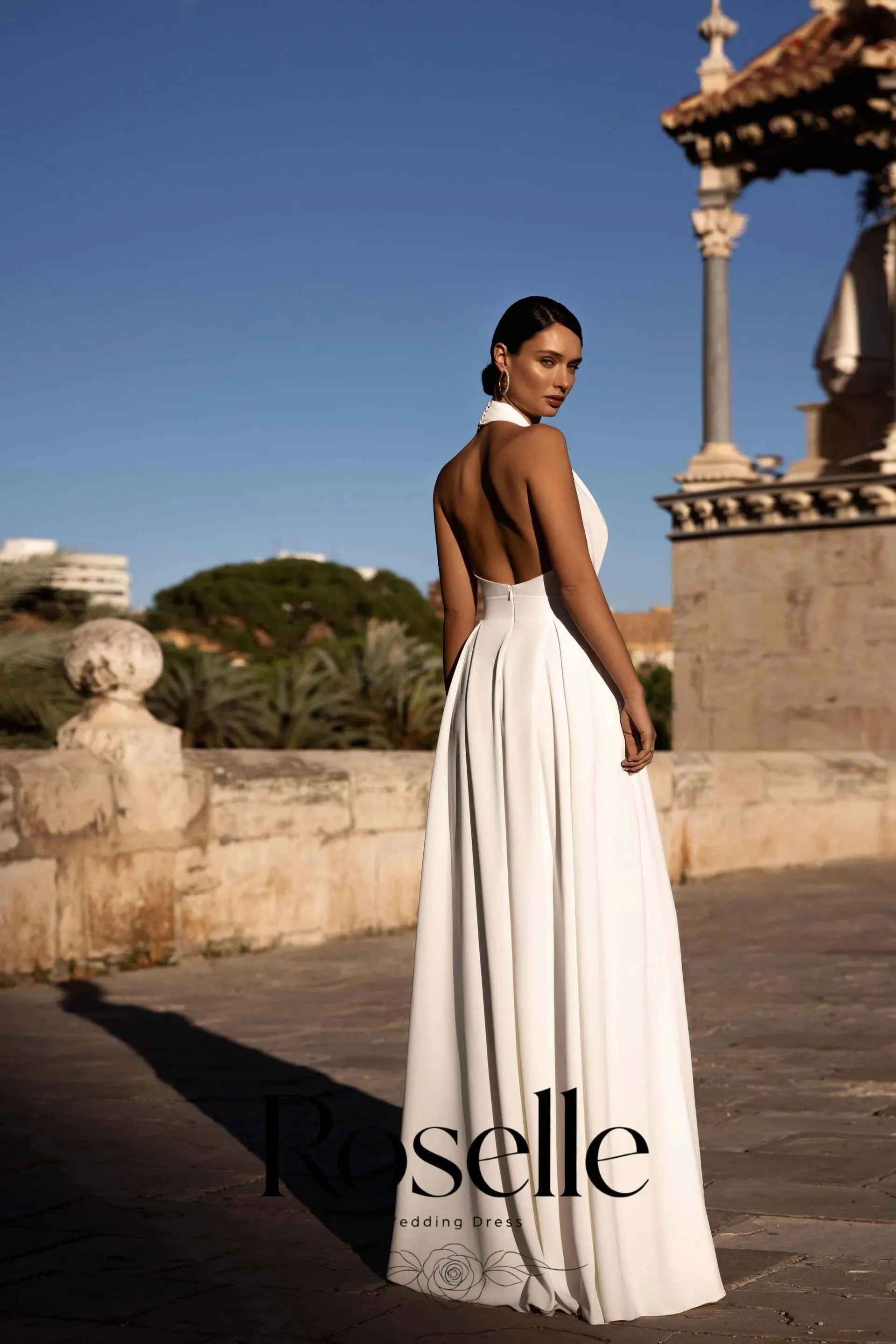 ROSELLE Modern Halter Deep V-Neck Sleeveless Jumsuit Wedding Dress Backless Pockets 2026 Bridal Gown Customized Vestido De Novia
