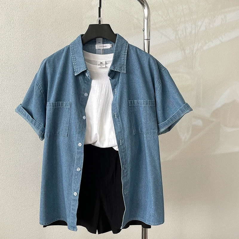 Blouse Women\'s Denim Short Sleeve Shirt 2024 New Summer Retro Loose Jackets Shirt Fashion Single breasted Lapel Top