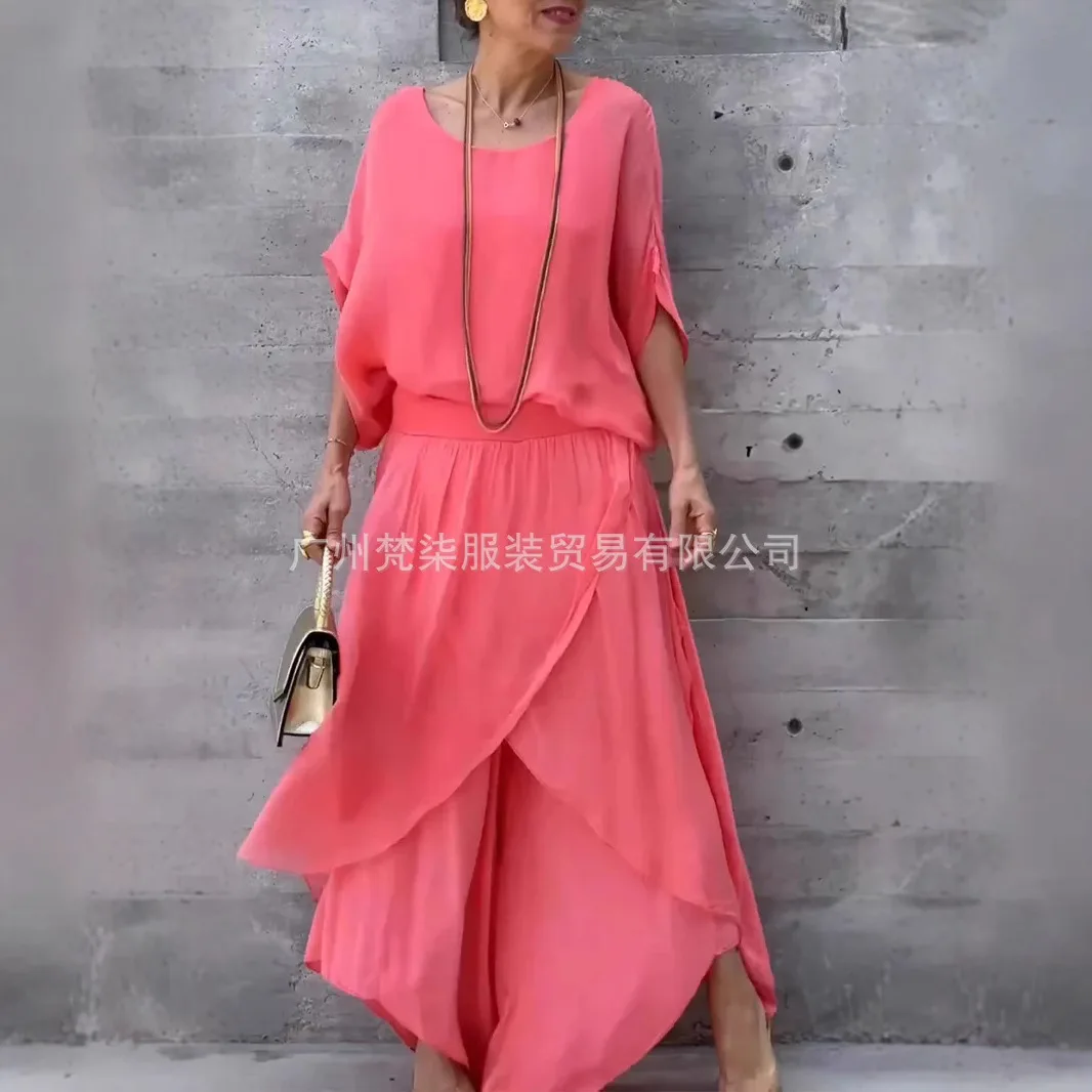 2025 verão moda feminina cor sólida casual na moda solta 2 peça conjuntos de chiffon o pescoço manga curta camisetas calças de perna larga
