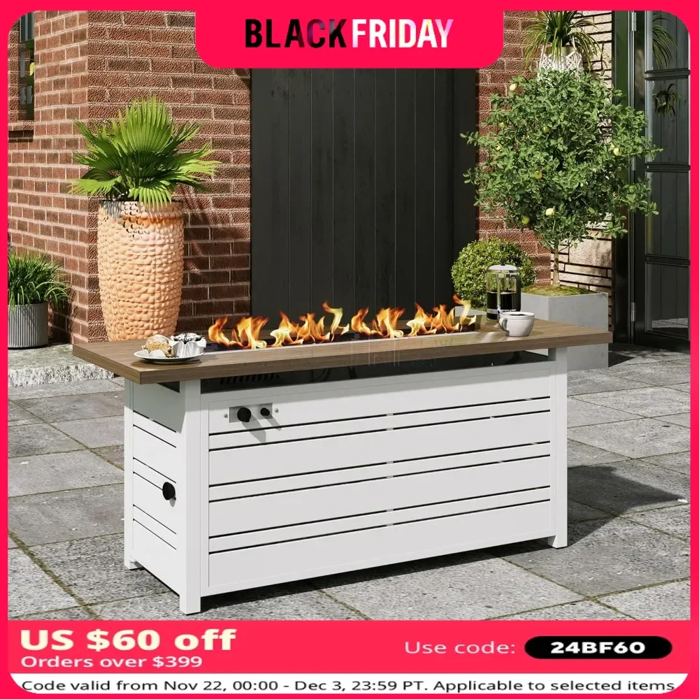 

56 Inch Gas Fire Pit Table, 50,000 BTU Propane Pits for Outside with Removable Lid and Glass Fire Rocks, 2 in 1 Firepit Table