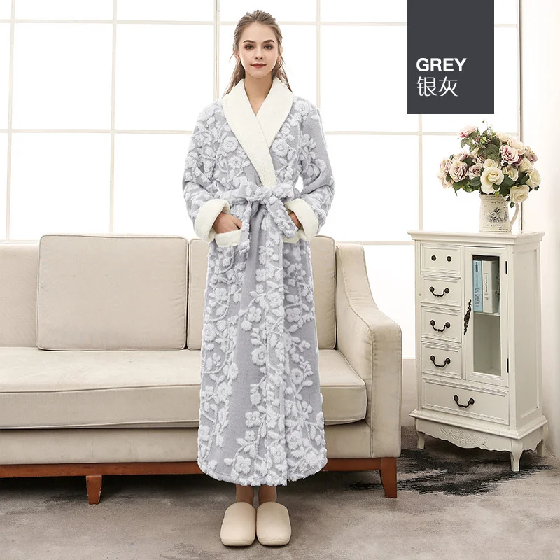 Couple Winter Extra Long Jacquard Warm Flannel Bathrobe Plus Size Coral Fleece Bath Robe Floral Dressing Gown Men Thick Sleepwea