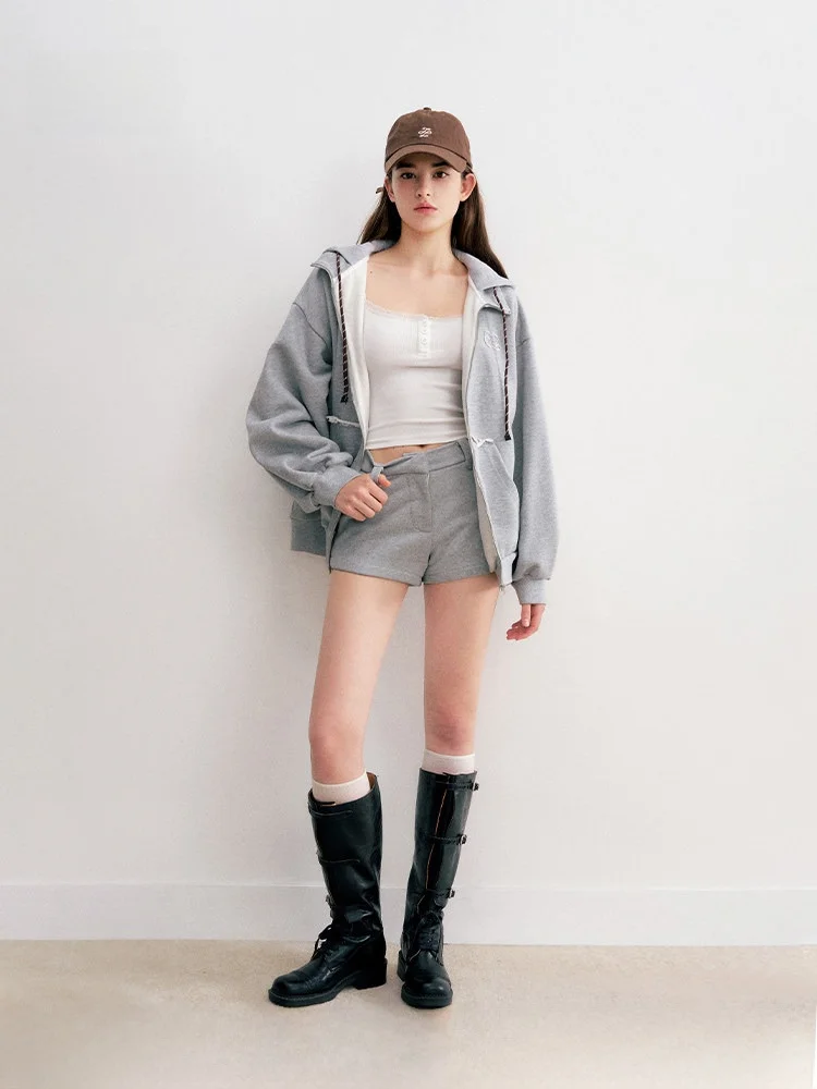 

Liilou Sporty Chic High Weight Hoodie Jacket Shorts Set Casual Loose Fit mid Length Sweatshirt Zipper Closure Cotton Blend