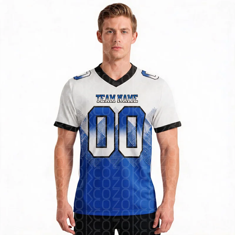 White Blue Customized Color Football Jersey for Men Football Short Sleeves Athletic Tee Shirts