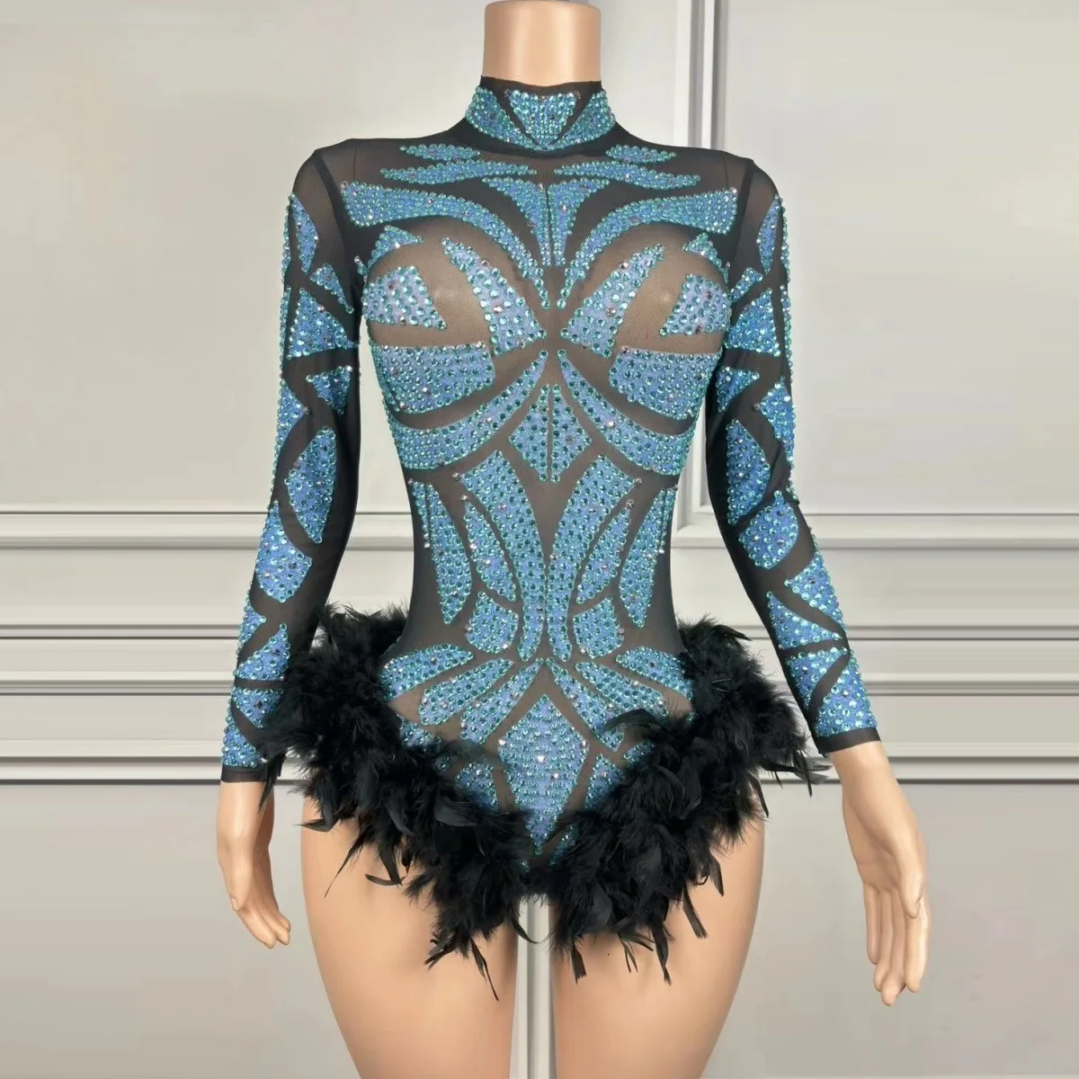 

Luxury Diamonds Feathers Sexy See-Through Mesh Sheath Bodysuit Evening Party Celebrate Costume Dancer Prom Nightclub Stage Wear