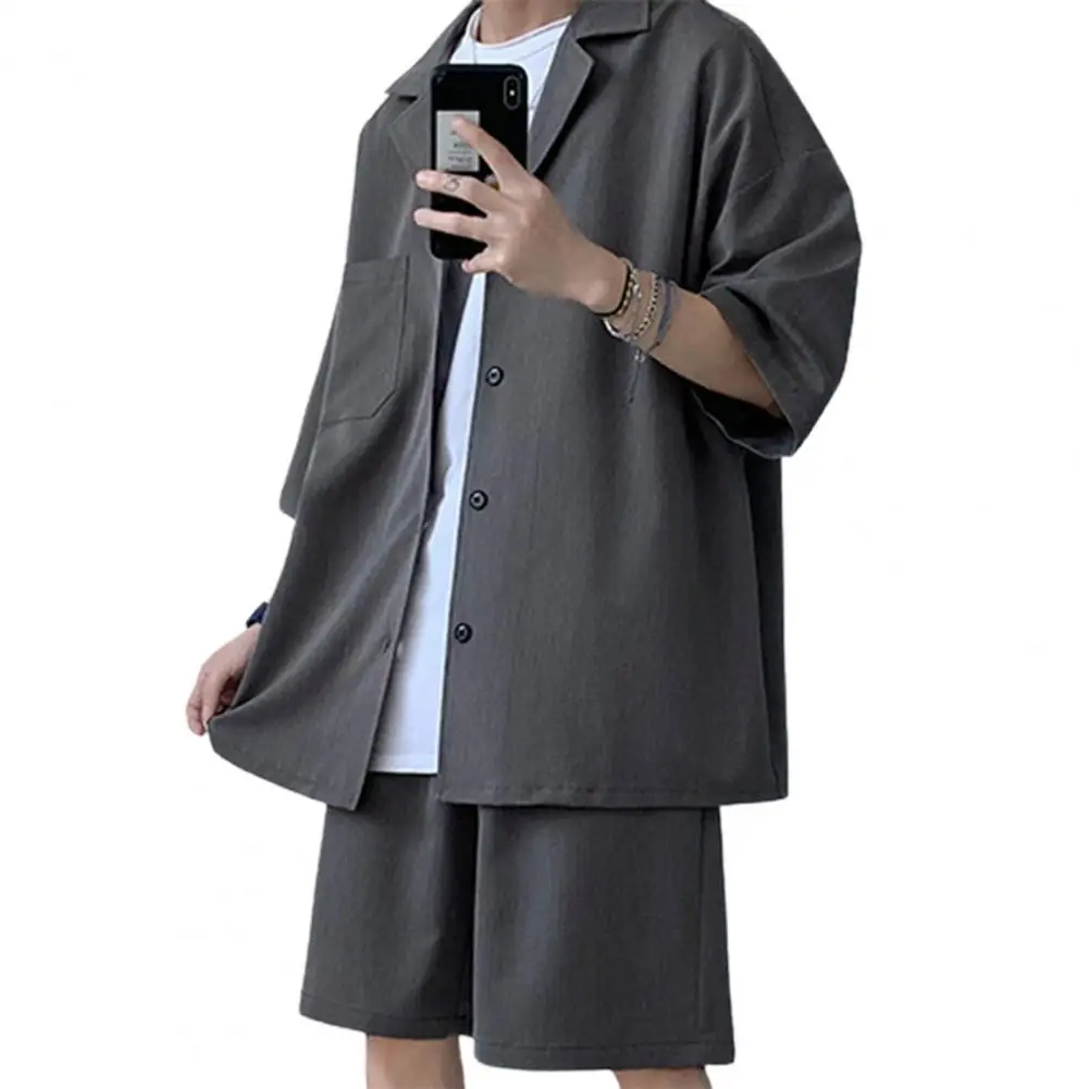 Korean Style Men's Set Suit Men Solid Color Loose Two Pieces Trendy Men Coat Shorts Suit Summer Oversized Clothing Man