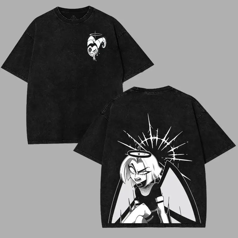 Anime Hazbin Hotel T-shirt For Men Women Clothing Charlie Graphic Short Sleeve Tees Tops Vintage Washed Oversized Cotton T Shirt