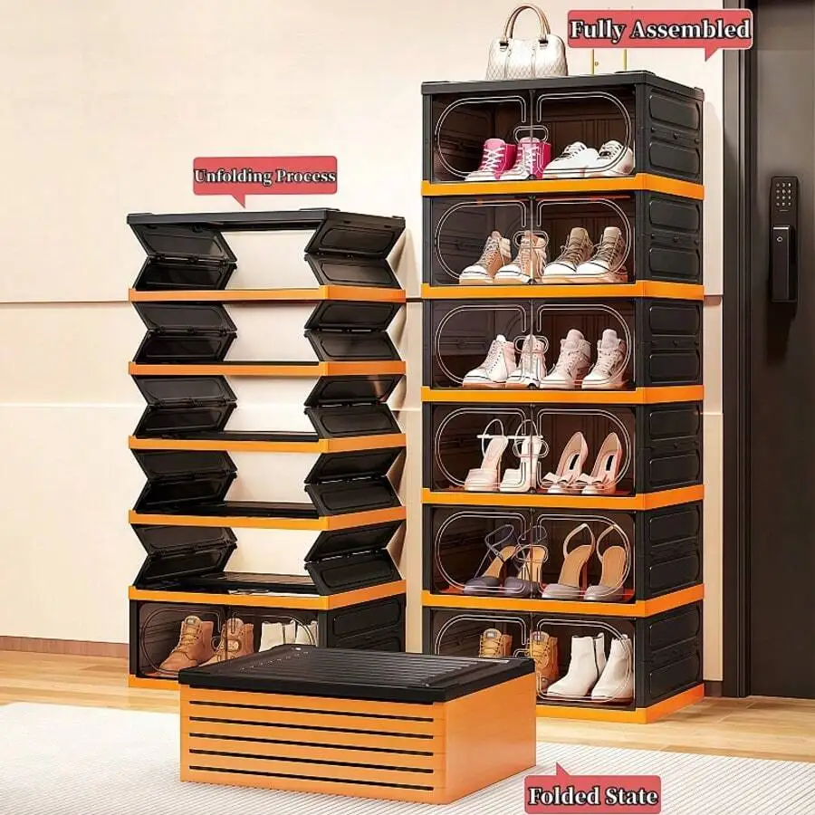 Portable Foldable Shoe Box Storage Rack, 3/6/9-Tier Large Capacity Double Row Foldable Shoe Cabinet, One-Piece Tool-Free Assembl
