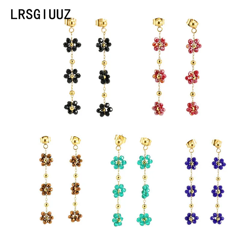 Color Crystal Flower Earrings For Women Stainless Steel Earrings Bohemian 18k Gold Titanium Steel Cute Lovely Jewelry Female