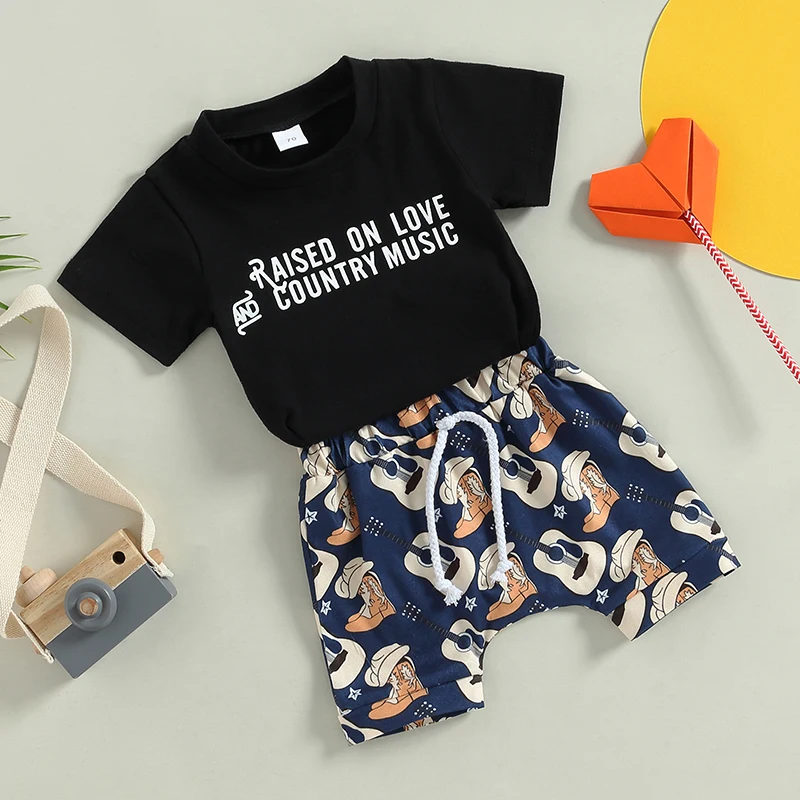 Infant Boys Summer Clothes Outfits Letter Print Crew Neck Short Sleeve T-Shirts and Guitar Boots Print Shorts 2Pcs Suit