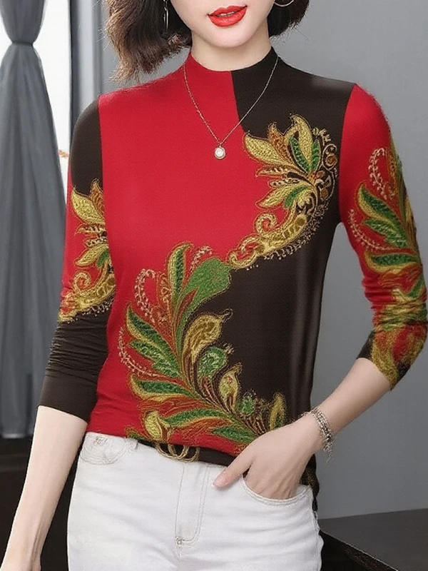 

Elegant Thickened Fleece Lined Long Sleeve Print Half High Collar Base Shirt Women's Mommy Style Fashionable Belly Cover Top