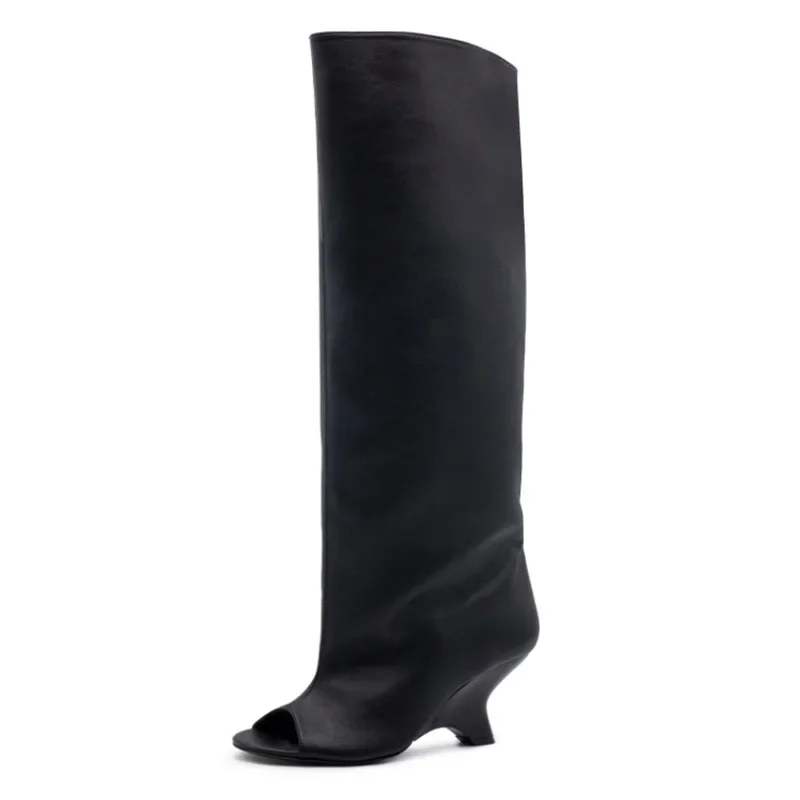 Foreign Trade New Niche Design Fish Mouth Shaped Heel Boots Women\\\'s Fashionable Versatile Cool Boots Tube Long Boots