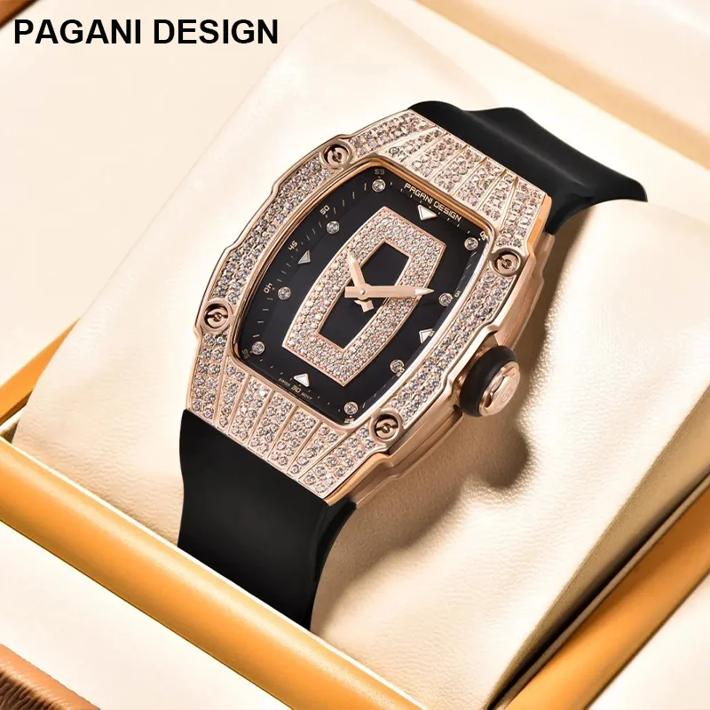 PAGANI DESIGN Top New Luxury Diamond encrusted Women's Watch Fashion RubberWaterproof LuminousWine Bucket Case Women'sWatch