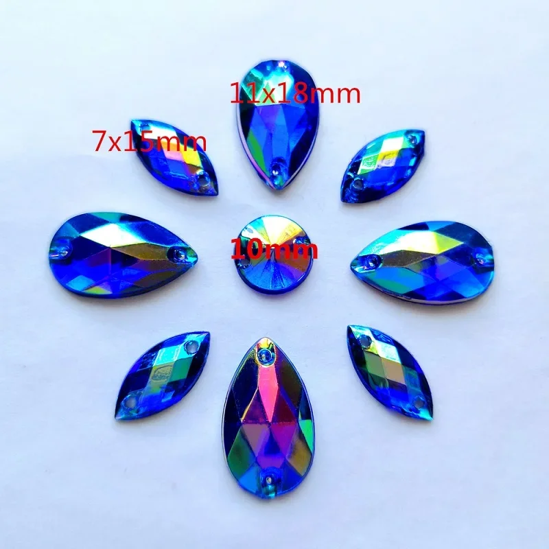 300PCS Mix Shape Royal Blue Drop Round Navette Flatback Clothes Clothing Sew on Rhinestones Crystals For Dance Costumes Prom diy