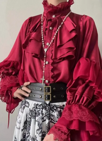 

2025 Spring and Autumn Dark Style Batwing Sleeve Regular Shirt Vintage Medieval Style Lolita Inner Stand Collar Shirt