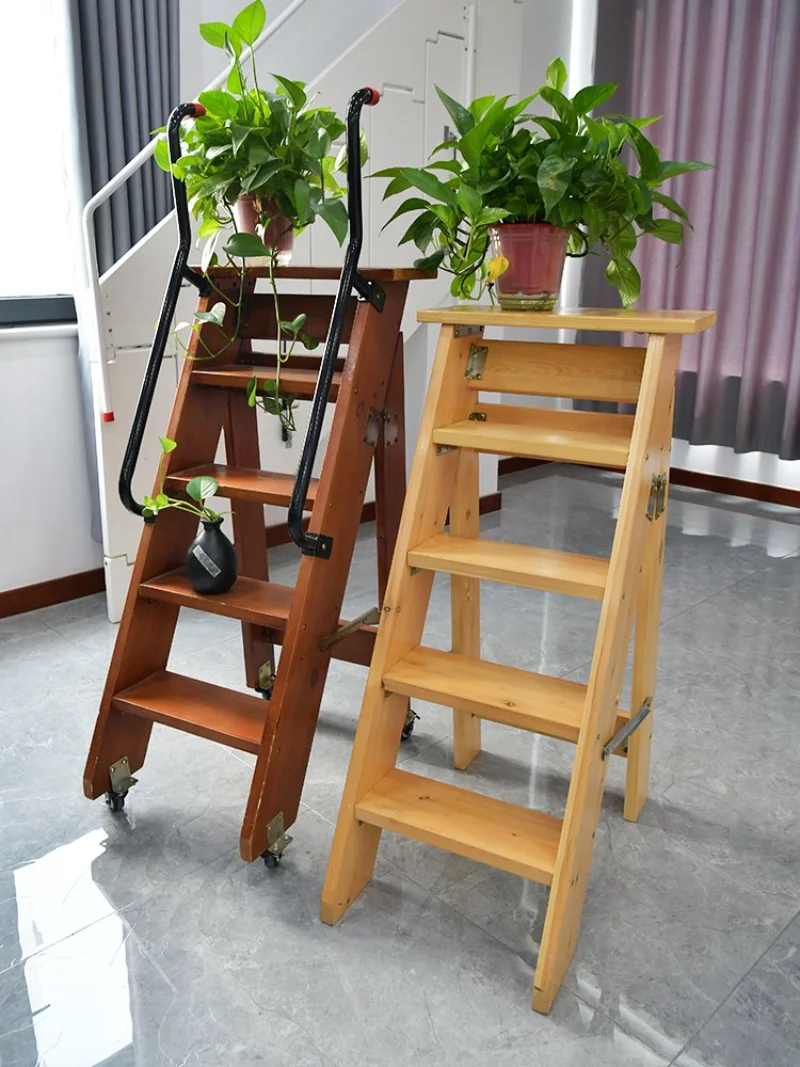 Household solid wood with wheel multifunctional double handrails thickened folding step ladder