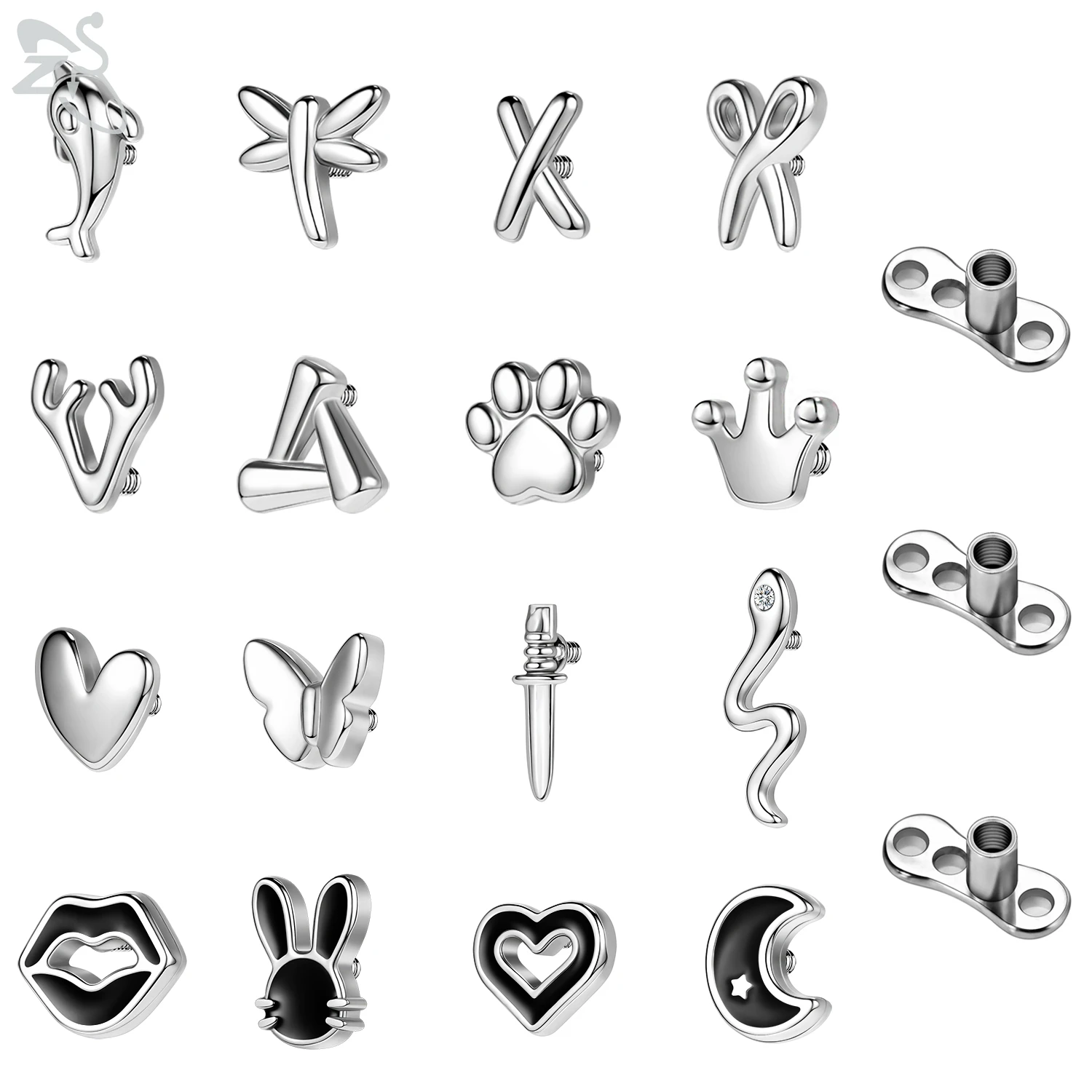 ZS 1 Piece Punk 316L Stainless Steel Dermal Anchor Men Dolphin Heart Dermal Piercings Hide In Skin Microdermal Piercing Jewelry