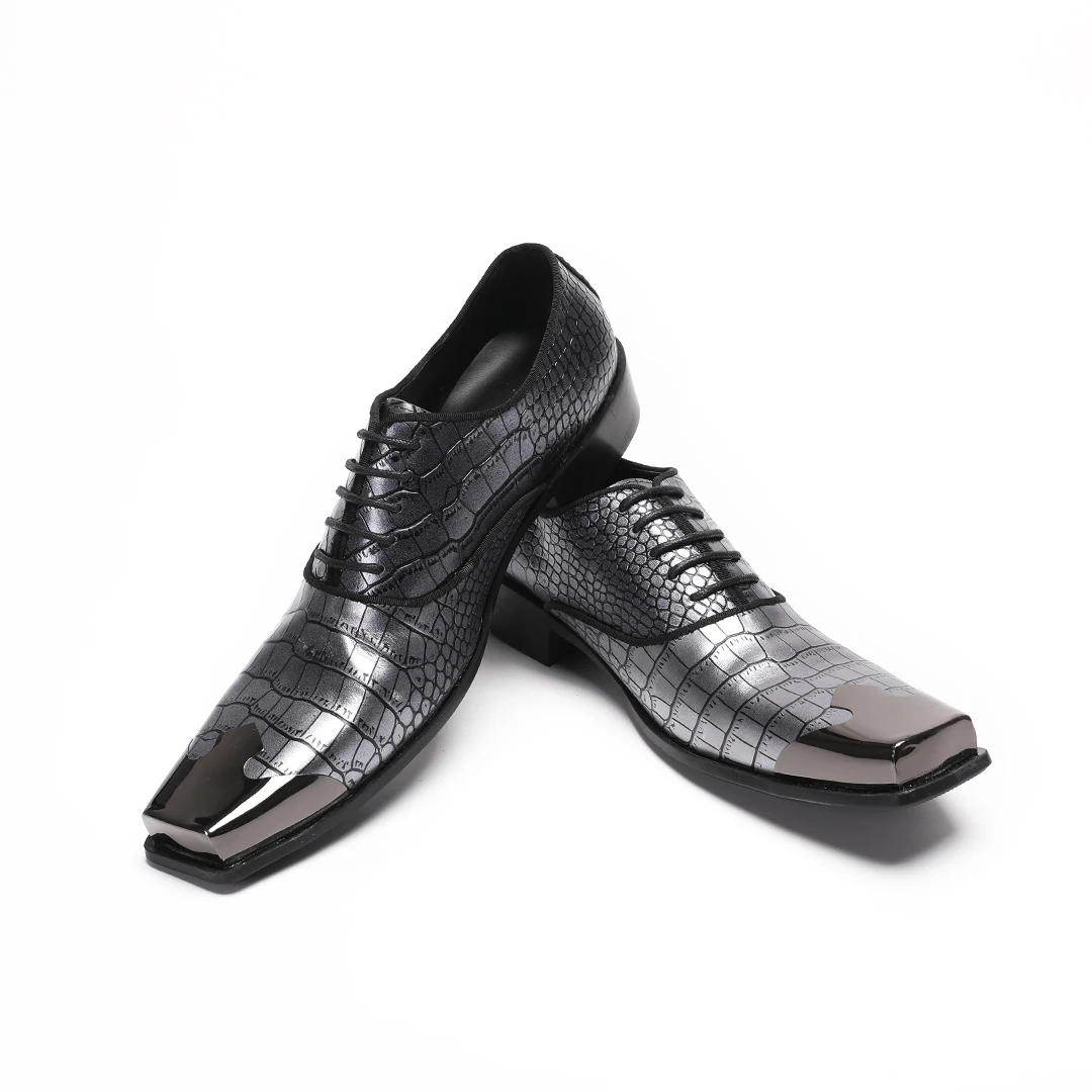 Silver Metal Square Toe Men Real Leather Brogue Shoes Big  Size Lace Up Wedding Party Prom Oxford Shoes Man Formal Dress Shoes