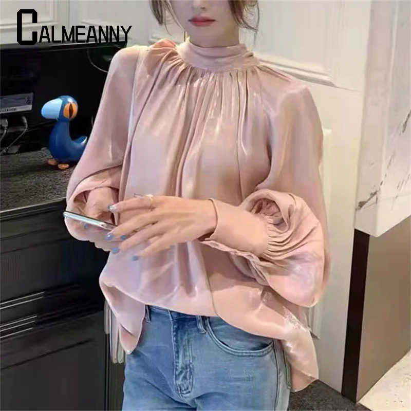 Blusa de satén para mujer, camisa elegante con lazo grande, edición coreana, informal, manga abullonada, Top liso, primavera y otoño, novedad de 2023